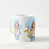 Cat Lover Mug – Stylish Woman with Cat in Backpack Kaffeetasse (Vorderseite Links)