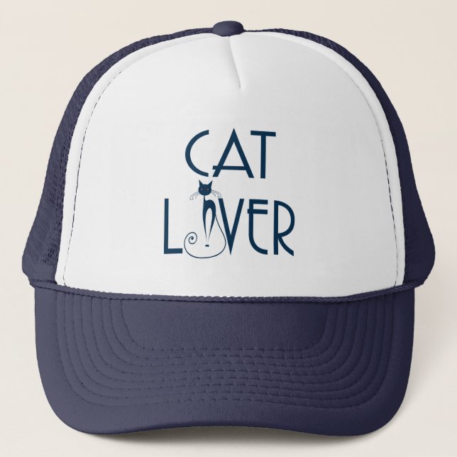 Cat Lover Navy Blue Text & Stylized Cat Truckerkappe (Vorderseite)