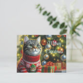 Cat Lover Niedlich Cat by Christmas Tree Postkarte (Stehend Vorderseite)