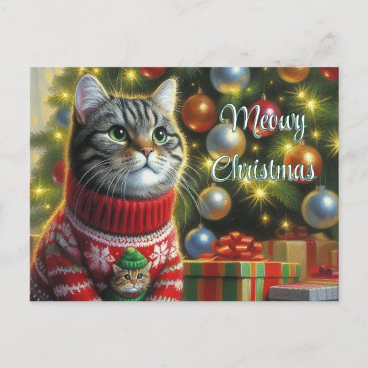 Cat Lover Niedlich Cat by Christmas Tree Postkarte (Vorderseite)