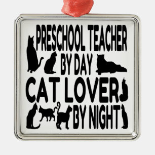 Cat Lover Preschool Teacher Silbernes Ornament