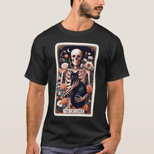 Cat Lover Skeleton Tarot Card Ästhetischer Boho T-Shirt (Vorderseite)