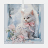 Cat Lover White Kitten Pink Bow Ornament Aus Glas (Vorderseite)