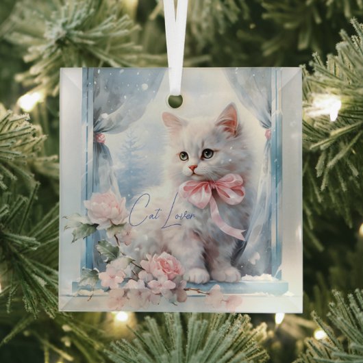 Cat Lover White Kitten Pink Bow Ornament Aus Glas (Insitu)