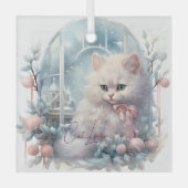 Cat Lover White Kitten Pink Bow und Balls Ornament Aus Glas (Vorderseite)