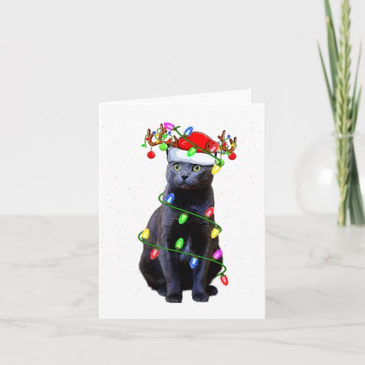 Cat Lover Xmas Lighting Santa Russian Blue Cat Chr Karte (Vorderseite)