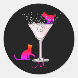 Cat Lovers Bubbles Modern Black Cocktail Monogram Runder Aufkleber