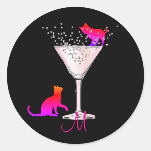 Cat Lovers Bubbles Modern Black Cocktail Monogram Runder Aufkleber (Vorderseite)