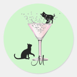 Cat Lovers Bubbles Modernes Green Cocktail Monogra Runder Aufkleber