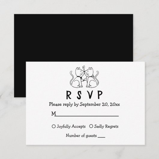 Cat Lovers Cartoon Kitty White Black Wedding RSVP Karte (Vorne/Hinten)