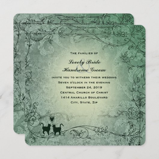 Cat Lovers Square Verzierte Hochzeit im Grünen Jah Einladung (Vorne/Hinten)