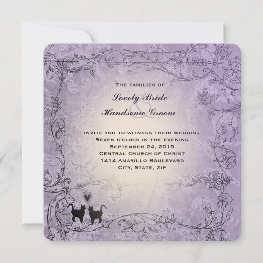 Cat Lovers Square Verzierter Lavendel Vintage Hoch Einladung (Vorderseite)