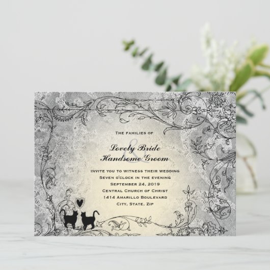 Cat Lovers Verziert Graue Goldmedaille Hochzeit Einladung (Stehend Vorderseite)