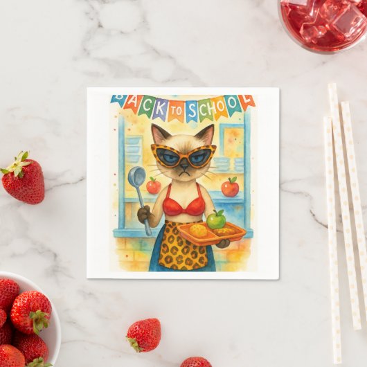 Cat Lunch Lady serviert Essen zurück in die Schule Serviette (Beispiel)