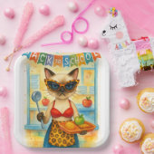 Cat Lunch Lady Serving Food Back to School Themed Pappteller (Party)