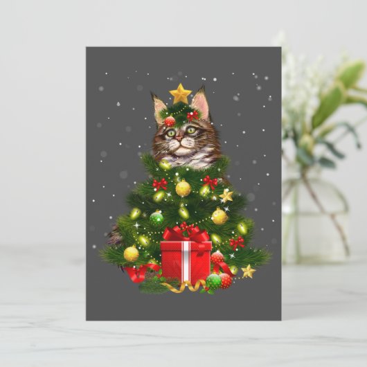 Cat Maine Coon Cat Xmas Tree Lights Cat Lover Ugly Einladung (Stehend Vorderseite)