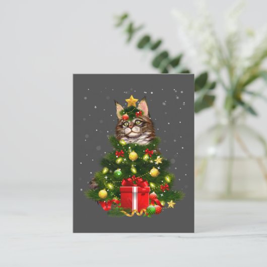 Cat Maine Coon Cat Xmas Tree Lights Cat Lover Ugly Postkarte (Stehend Vorderseite)