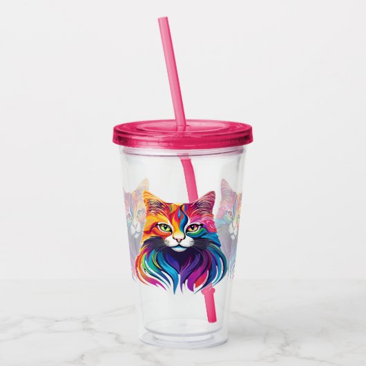 Cat Maine Coon Portrait Rainbow Colors Acryltrinkbecher (Links)