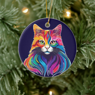 Cat Maine Coon Portrait Rainbow Colors Keramik Ornament