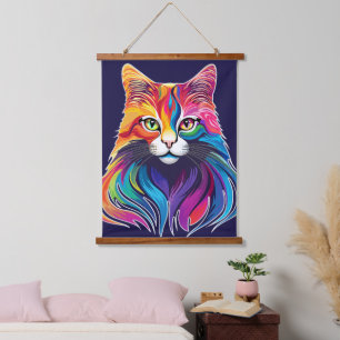 Cat Maine Coon Portrait Rainbow Colors Wandteppich Mit Holzrahmen