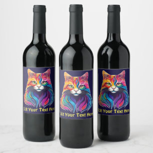 Cat Maine Coon Portrait Rainbow Colors Weinetikett