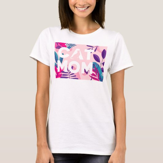 CAT-MAMA, Ihr Foto, rosa Blume und Blätter T-Shirt (Vorderseite)