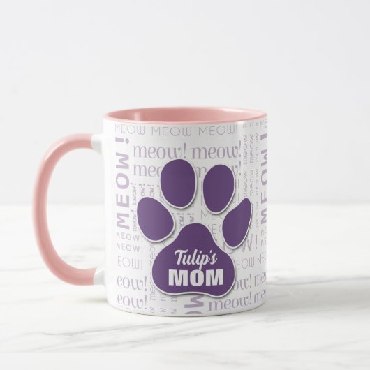 Cat Mama Lila Paw Print mit Cat's Name Tasse (Links)