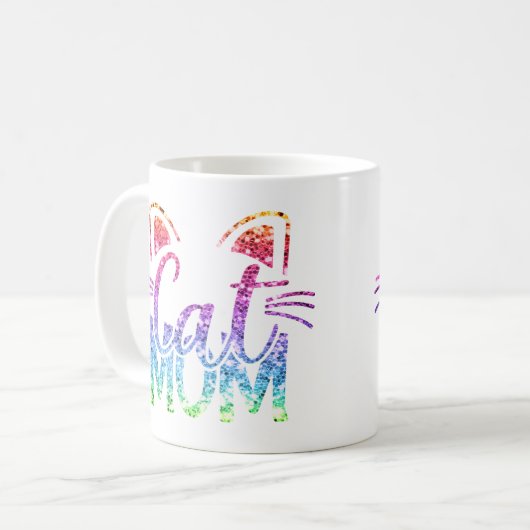 Cat Mama Rainbow Glitzer Kaffeetasse (Vorderseite Links)