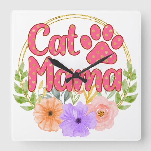 CAT-MAMA-SPRICHWORT MIT WASSERFARBE MIT BLUME QUADRATISCHE WANDUHR (Vorderseite)