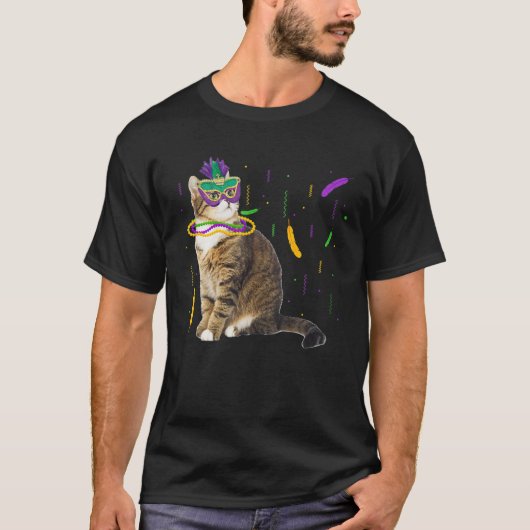 Cat Mardi Gras Funny Cat Lover Maske und Perlkarto T-Shirt (Vorderseite)