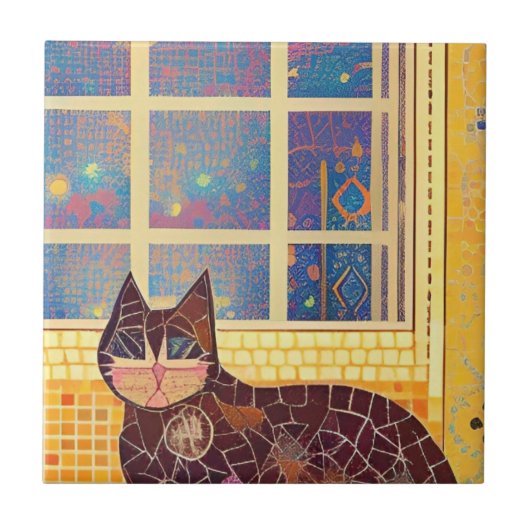 Cat-Marokko-Mosaik abstrakte Kunst brauner Platz Fliese (Vorderseite)