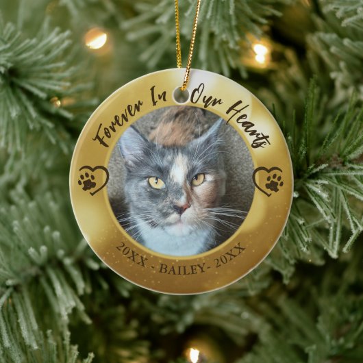 Cat Memorial Forever in Our Hearts Foto Paw Heart Keramik Ornament (Baum)