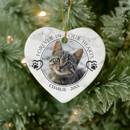 Cat Memorial Forever in unserem Herz Foto Marmor Keramik Ornament (Baum)