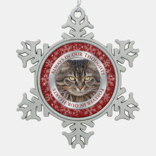 Cat Memorial Foto Weihnachten Rotes Silber Schneeflocken Zinn-Ornament