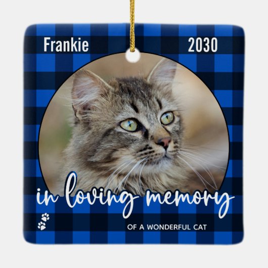 Cat Memorial Pet Loss Red Kariert Keepake Foto Keramikornament (Rückseite)