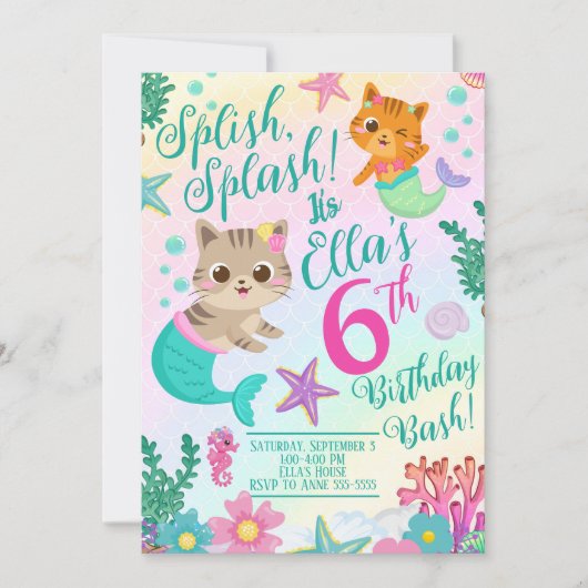 Cat Meowmaid Mermaid Girl Birthday Party Einladung (Vorderseite)