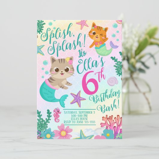 Cat Meowmaid Mermaid Girl Birthday Party Einladung (Stehend Vorderseite)
