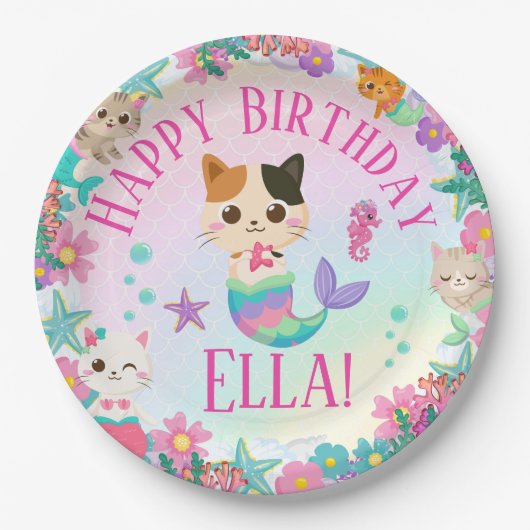 Cat Meowmaid Mermaid Girl Birthday Party Pappteller (Vorderseite)