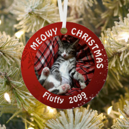 Cat MEOWY CHRISTMAS 2 Fotos Name Red Ornament Aus Metall