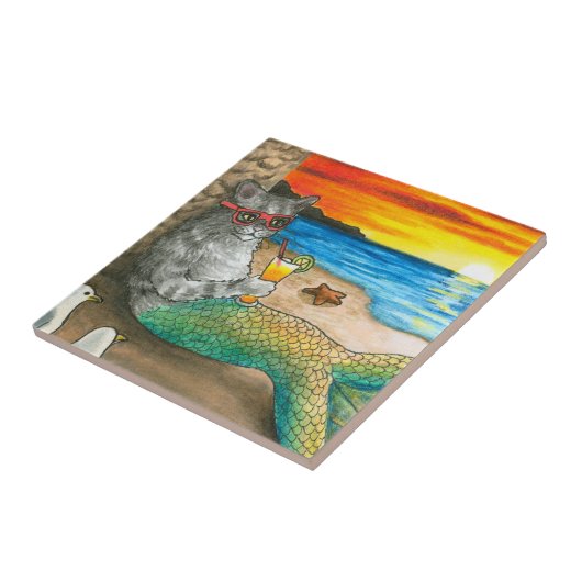 Cat Mermaid 25 Beach Sunset Fliese (Seite)