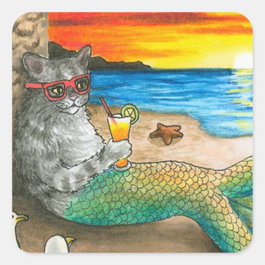 Cat Mermaid 25 Beach Sunset Quadratischer Aufkleber (Vorderseite)