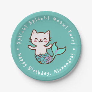 Cat Mermaid Blue Girl Birthday Purrmaid Meowmaid Pappteller
