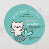 Cat Mermaid Blue Round Girl Birthday Purmaid Einladung (Vorne/Hinten)