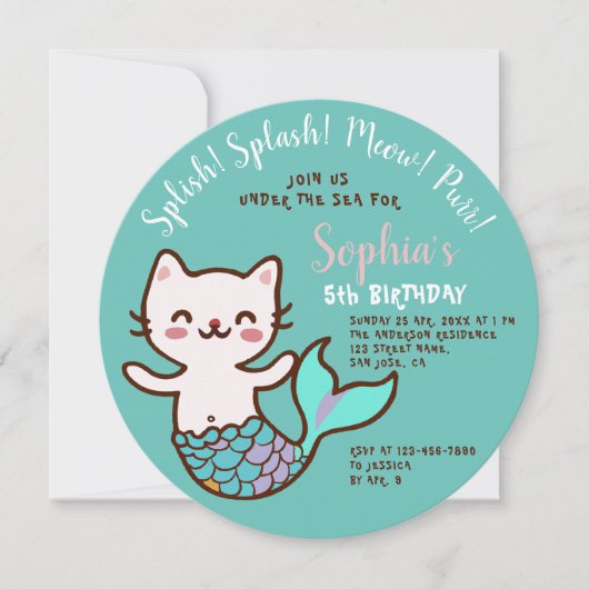 Cat Mermaid Blue Round Girl Birthday Purmaid Einladung (Vorderseite)
