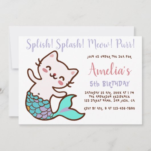 Cat Mermaid Girl Birthday Meowmaid Purrmaid Simple Einladung (Vorderseite)