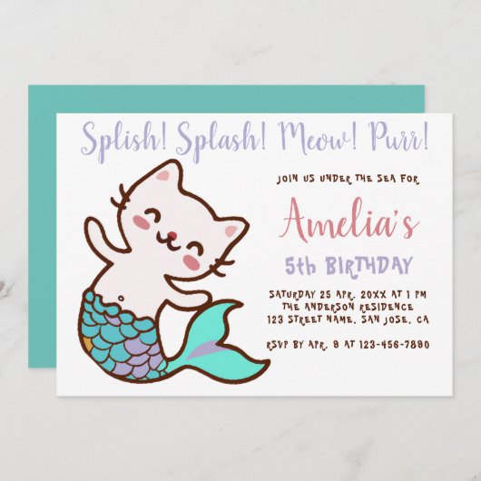 Cat Mermaid Girl Birthday Meowmaid Purrmaid Simple Einladung (Vorne/Hinten)
