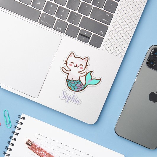 Cat Mermaid Niedlich Girly Script Meowmaid Purrmai Aufkleber (Laptop mit iPhone)
