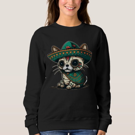 Cat Mexican Sugar Skull Sombrero Cinco De Mayo Sweatshirt (Vorderseite)