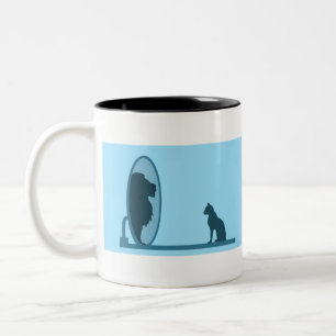 Cat Mirror Lion Reflection Confidence Motivation Zweifarbige Tasse