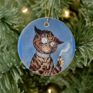 CAT MIT CIGAR LOUIS WAIN ART CHRISTMAS ORNANATION KERAMIK ORNAMENT